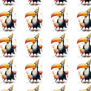 May include: A repeating pattern of toucans wearing party hats and holding balloons. The toucans are illustrated in a cartoon style with bright colors and white backgrounds.