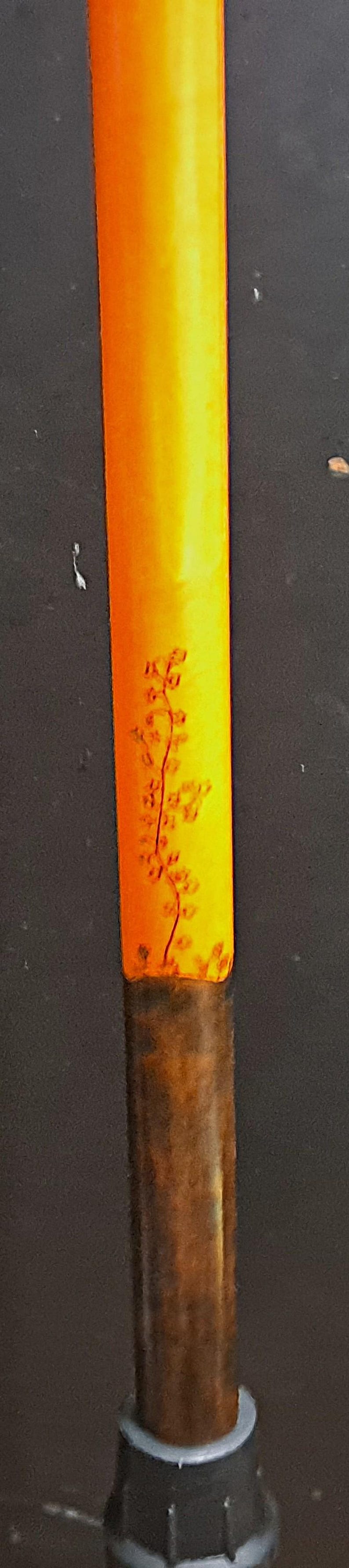 May include: A walking cane featuring a bright orange upper shaft decorated with a delicate, dark brown floral vine pattern. The lower portion of the shaft is a dark, weathered brown color, and the base is finished with a gray rubber tip.