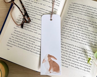 Rabbit bookmark Bunny bookmark Double sided print Gift for book lovers Book lover gift Rabbit drawing Handmade Ribbon choice Lop-Eared Bunny