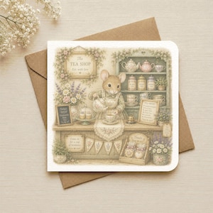 May include: A square greeting card featuring a whimsical illustration of a mouse in an apron serving tea in a shop. The scene includes shelves with teapots, cups, a menu board, and bunting. The text reads The Tea Shop Est. with love and Treats.