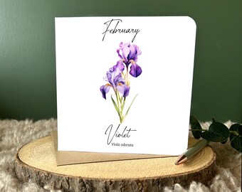 Naissance, mois de février, fleur, carte d'anniversaire de février, fleur de violette, carte de voeux florale, cadeau pour anniversaire de février, carte florale pour elle