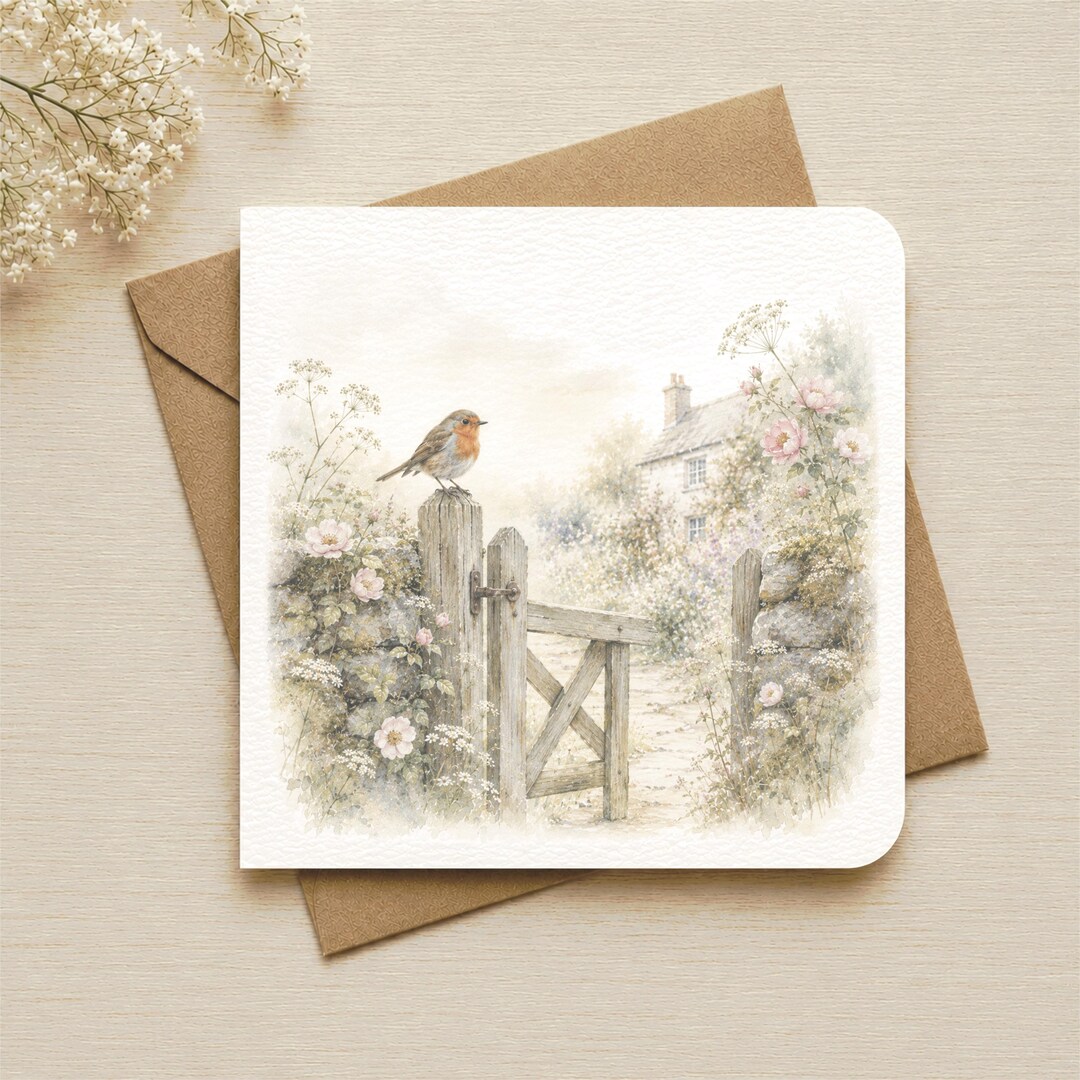 Robin Greeting Card Blank Bird Card Cottage Garden Card Garden Gate ...