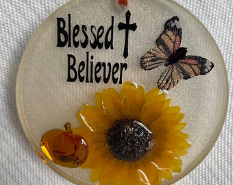 Blessed Believer Butterfly, Sunflower & Cross Suncatcher / Ornament - b