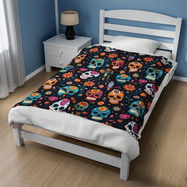 Skeleton Floral Rose Sugar Skull Girly Pattern Print Hooded Blanket