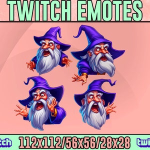 May include: Four different animated Twitch emotes featuring a cartoon wizard with a white beard and purple hat. The emotes are in various poses with different facial expressions. The text "112x112/56x56/28x28" is displayed below the emotes.