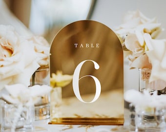 Números de mesa de acrílico de espejo dorado - Signos de mesa de boda - Señalización de boda - Decoración de mesa de boda - Números de mesa de boda con soporte