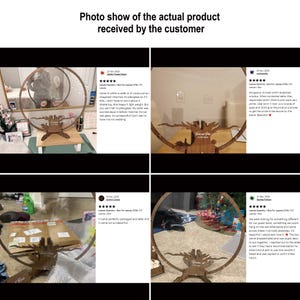 May include: Four photos of a wooden tree branch with a round glass mirror attached. The tree branch is on a wooden stand. The mirror is clear and reflects the surrounding area. The photos are from different angles and show the product in detail.