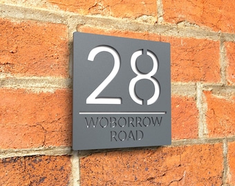 Modern Grey door numbers, With Gloss White Backplate custom acrylic door numbers, custom address signage