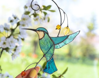 Colibri, vitrail, tentures, cadeau fête des mères, cage à oiseau, vitrail personnalisé, attrape-soleil, colibri, cadeau fête des pères