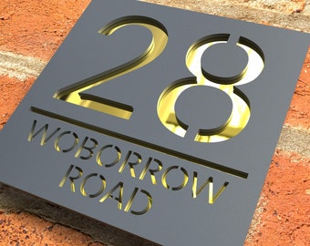 Modern Grey door numbers, With Gold mirror floating door sign, custom address signage