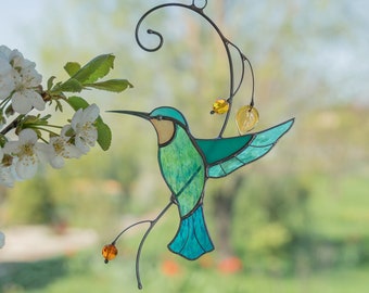 Colibri, vitrail, tentures, cadeau fête des mères, cage à oiseau, vitrail personnalisé, attrape-soleil, colibri, cadeau fête des pères