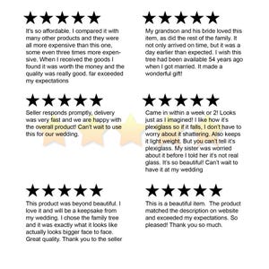 May include: Five customer reviews with five stars each. The reviews highlight the affordability, quality, and timely delivery of the product. One review mentions the product being a keepsake for a wedding. Another review mentions the product being a gift for a wedding.
