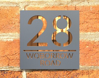 Modern Grey door numbers, With Bronze mirror baseplate custom acrylic door numbers, custom address signage