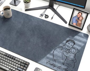 Custom Dad Photo Sketch Line Art Desk Mat, Personalized Dad We Love You, Father's Day Gift For Husband, Dad Picture Desk Pad Mouse Mat