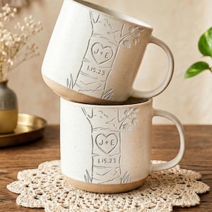 Personalized Engraved Couple Pottery Mug, Wedding Gift, Custom Carved Initials In A Heart Tree Couple Mug, Engagement Gifts, Newlywed Gift