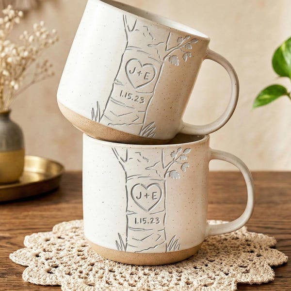 Personalized Engraved Pottery Mug For Couple, Wedding Gift, Custom Carved Initials In A Heart Tree Mug, Engagement Gifts, Newlywed Gift