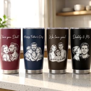 May include: Four stainless steel tumblers in maroon, navy blue, brown, and black. Each features a laser-engraved illustration of a parent and children with text: I love you. Dad!, Happy Father's Day, We love you!, and Daddy & Me.