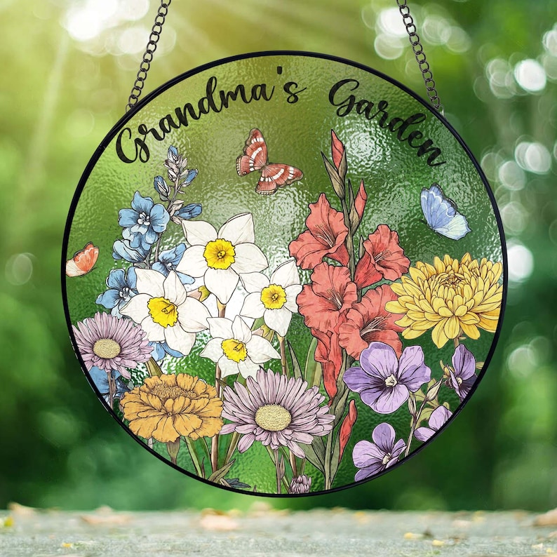 Custom Family Birth Flowers Stained Glass Suncatcher, Personalized Mom's Garden Gift, Birth Month Flower Glass Art Gift, Mother's Day Gift image 4