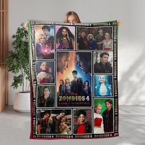 May include: A vibrant blanket showcasing a collage of images from "Zombies 4: Dawn of the Vampires." The design includes character portraits and the movie title. The blanket has a red, green, and black border.