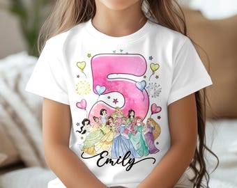 Personalized  Princess Characters Shirt, Custom Name Birthday Shirt,  Princess Shirt, Cinderella Belle Rapunzel Ariel Birthday Shirt