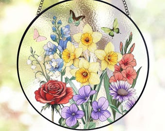 Custom Family Birth Flowers Glass Suncatcher, Custom Mom's Garden Gift,Flower Glass Art,Birth Flower Gift For Nana,Mother's Day Gift For Mom