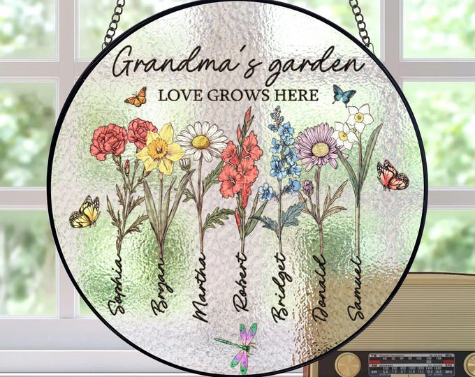Custom Grandma's Garden Stained Glass, Personalized Love Grows Here Suncatcher, Birth Month Flowers With Names Gift, Mothers Day Gift