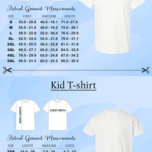 a collection of actual garment measurements and a kid T-shirt size chart, providing precise measurements for different body types and sizes.
