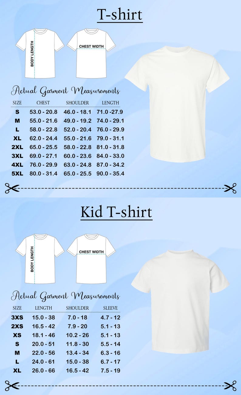 a collection of actual garment measurements and a kid T-shirt size chart, providing precise measurements for different body types and sizes.