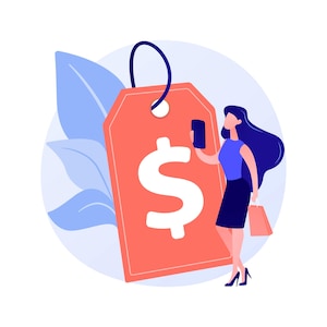 May include: Illustration of a woman holding a smartphone, standing next to a large price tag with a dollar sign. The tag is coral-colored, and the woman is wearing a blue top and black skirt. A shopping bag is in her hand.