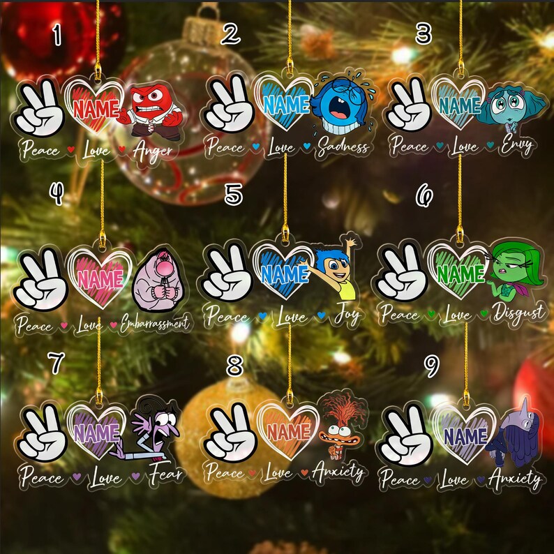 Custom Name Peace Love Inside Out 2 Acrylic Ornament, Inside Out Group