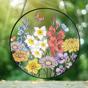 Custom Family Birth Flowers Stained Glass Suncatcher, Personalized Mom's Garden Gift, Birth Month Flower Glass Art Gift, Mother's Day Gift image 6