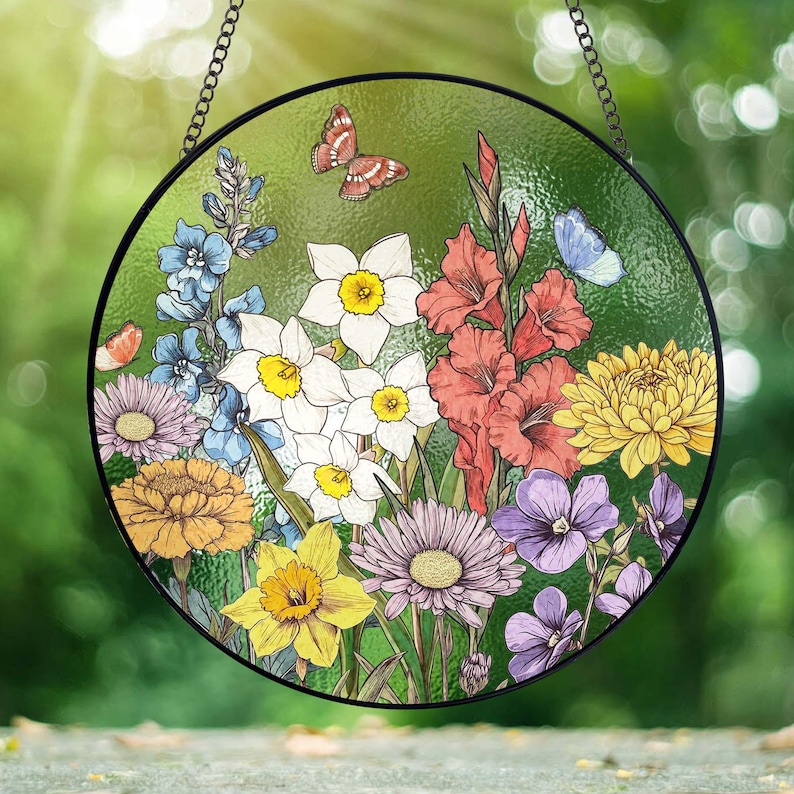 Custom Family Birth Flowers Stained Glass Suncatcher, Personalized Mom's Garden Gift, Birth Month Flower Glass Art Gift, Mother's Day Gift image 6