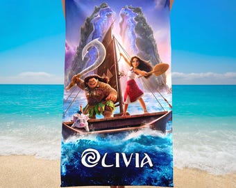 Custom Name Moana Maui Beach Towels, Moana 2 Movie Towels, Moana Princess Beach Towels, Princess Moana Lovers Birthday Beach Towel Gifts