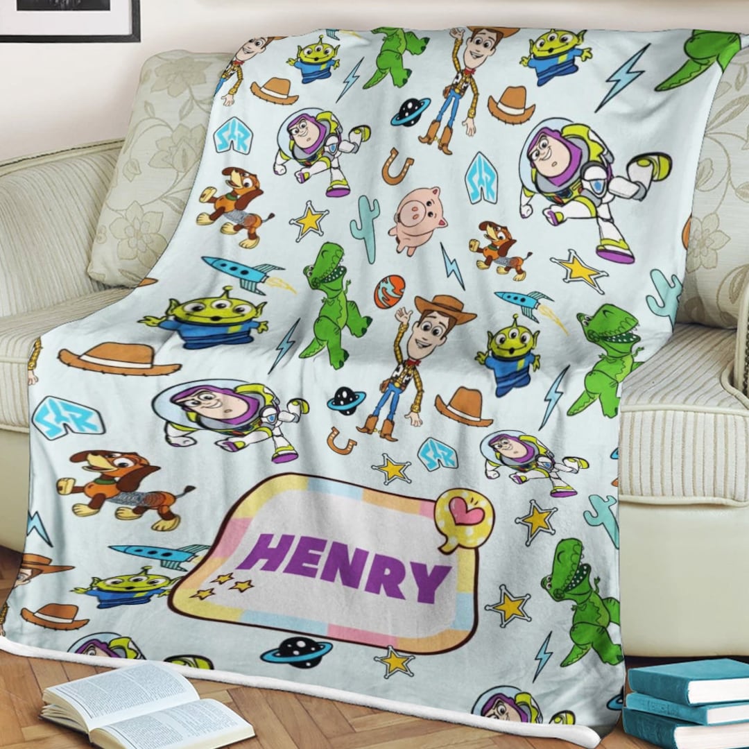 Personalized Cute Toy Characters Plush Fleece Blanket, Custom Name