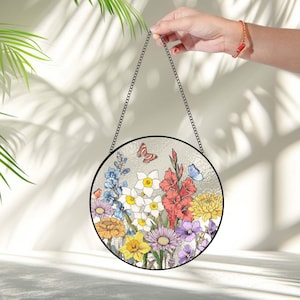 Custom Family Birth Flowers Stained Glass Suncatcher, Personalized Mom's Garden Gift, Birth Month Flower Glass Art Gift, Mother's Day Gift image 5