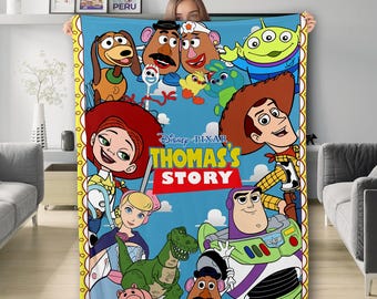 Personalized Toy Story Blanket, Custom Name Disney Woody Buzz Lightyear Jessie Blanket, Gift For Boy, Toy Character Story Team Blanket