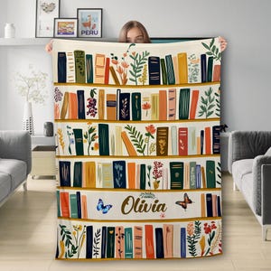 Personalized Retro Bookshelf Library Throw Blanket, Cottagecore Book Wildflowers Blanket, Gift For Book Lover Library Bookish Reader Gift