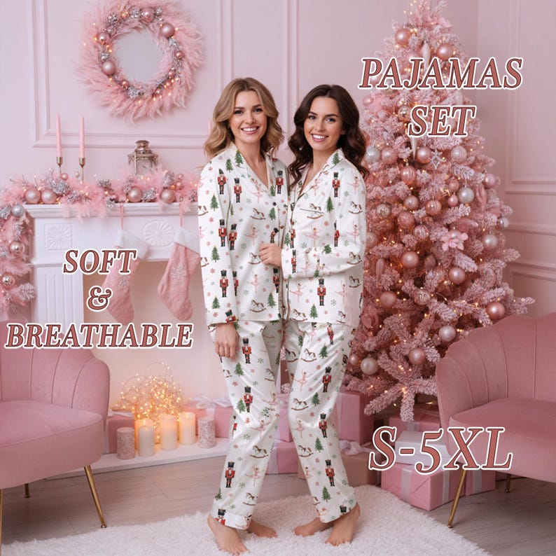 May include: White pajama set with a festive print of nutcrackers, Christmas trees, and rocking horses. The pajamas have a button-down top and matching pants. The text "PAJAMAS SET", "SOFT & BREATHABLE", and "S-5XL" are visible in the image.