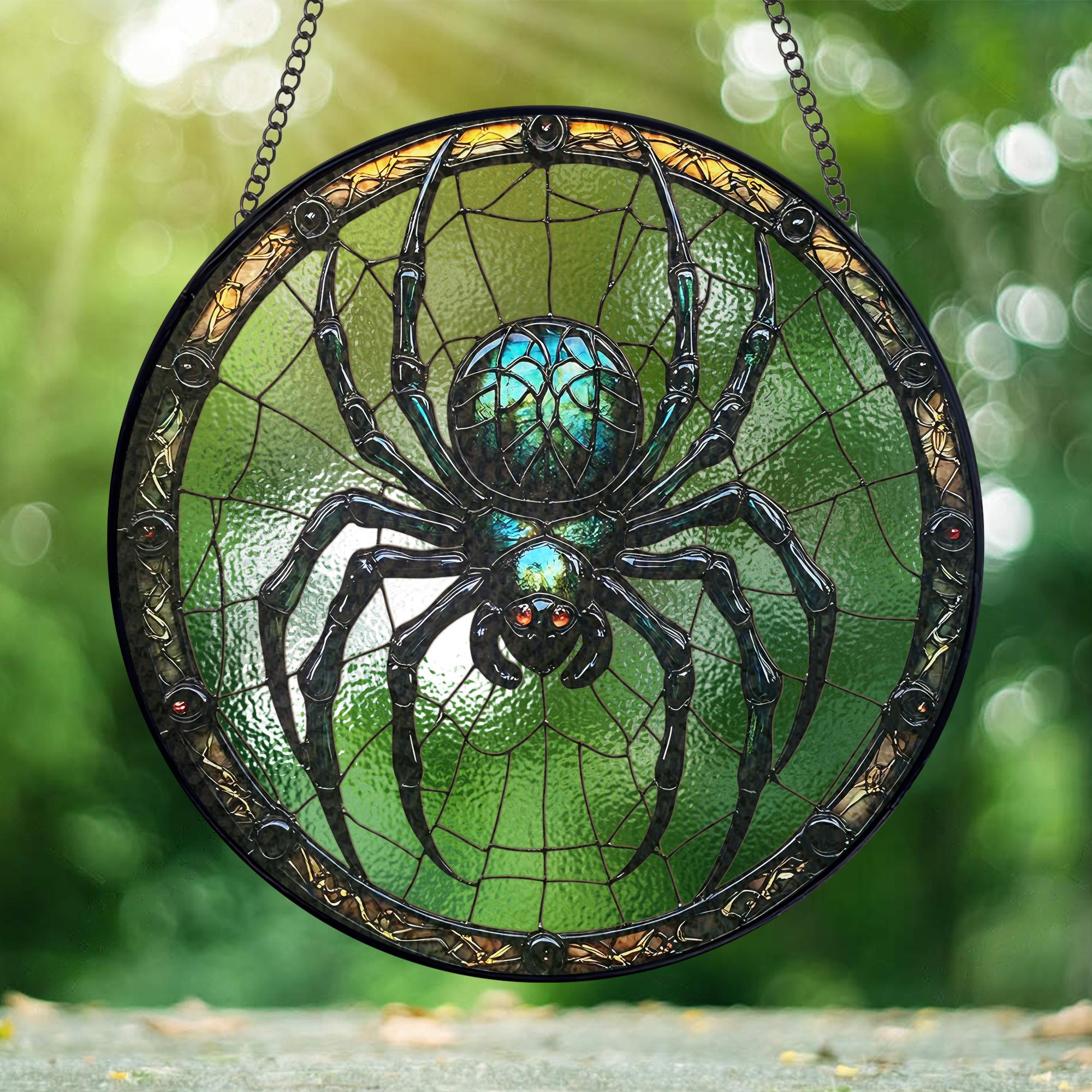 Spiders Stained Glass Window Suncatcher Halloween, Glass Window Suncatcher Halloween Decoration, Hanging Faux Stained Glass Suncatcher