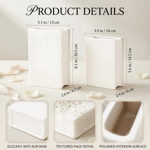 May include: Two white ceramic book-shaped vases with dimensions labeled. The larger vase is 5.1 in by 8.1 in by 2.6 in, and the smaller is 3.9 in by 5.6 in by 2.4 in. Features include an anti-slip base, textured page detail, and polished interior.