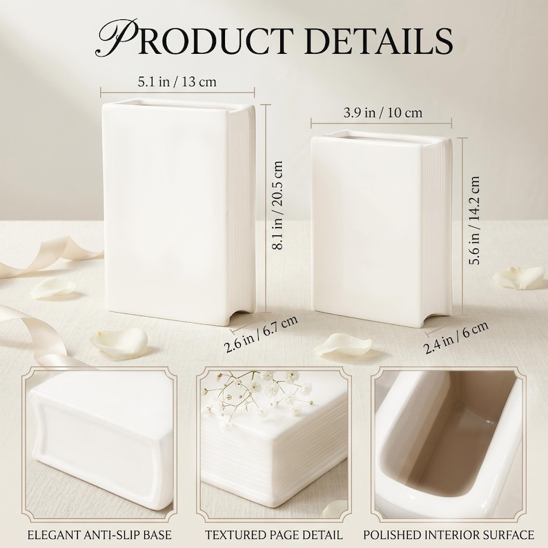 May include: Two white ceramic book-shaped vases with dimensions labeled. The larger vase is 5.1 in by 8.1 in by 2.6 in, and the smaller is 3.9 in by 5.6 in by 2.4 in. Features include an anti-slip base, textured page detail, and polished interior.