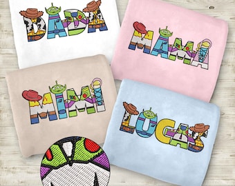 Personalized Toy Family Story Embroidered Sweatshirt, Customized Characters Couple Embroidered Shirt, Toy Dada Mama Gift For Mom Dad RE