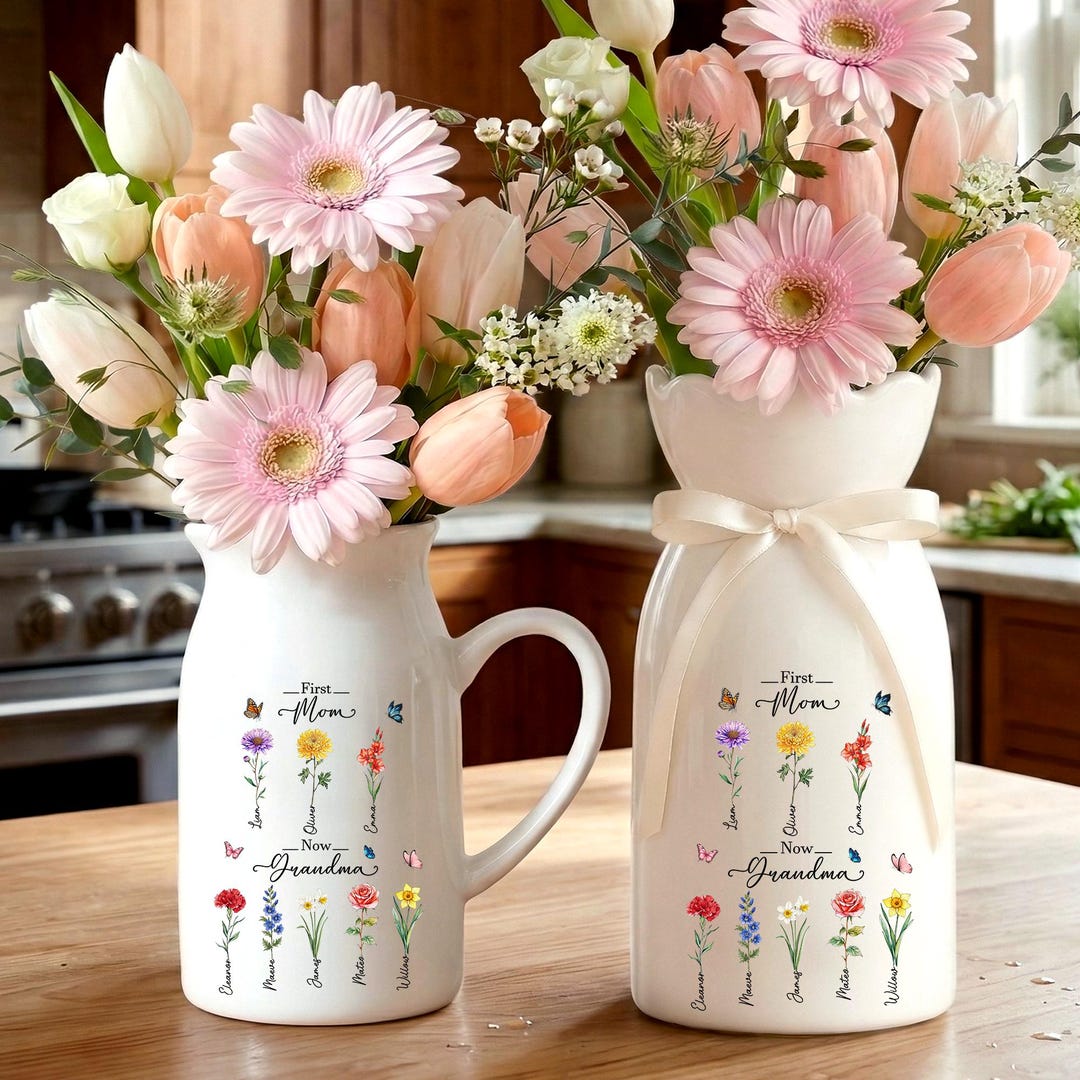 Personalized First Mom Now Grandma Gift, Custom Birth Month Flower Vase ...