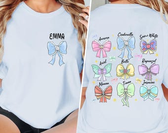 Watercolor Princess Coquette Bow 2-Sided  Tee, Aurora Ariel Belle Cinderella Girls Trip Matching Outfit, Magic Kingdom Family Trip Tee