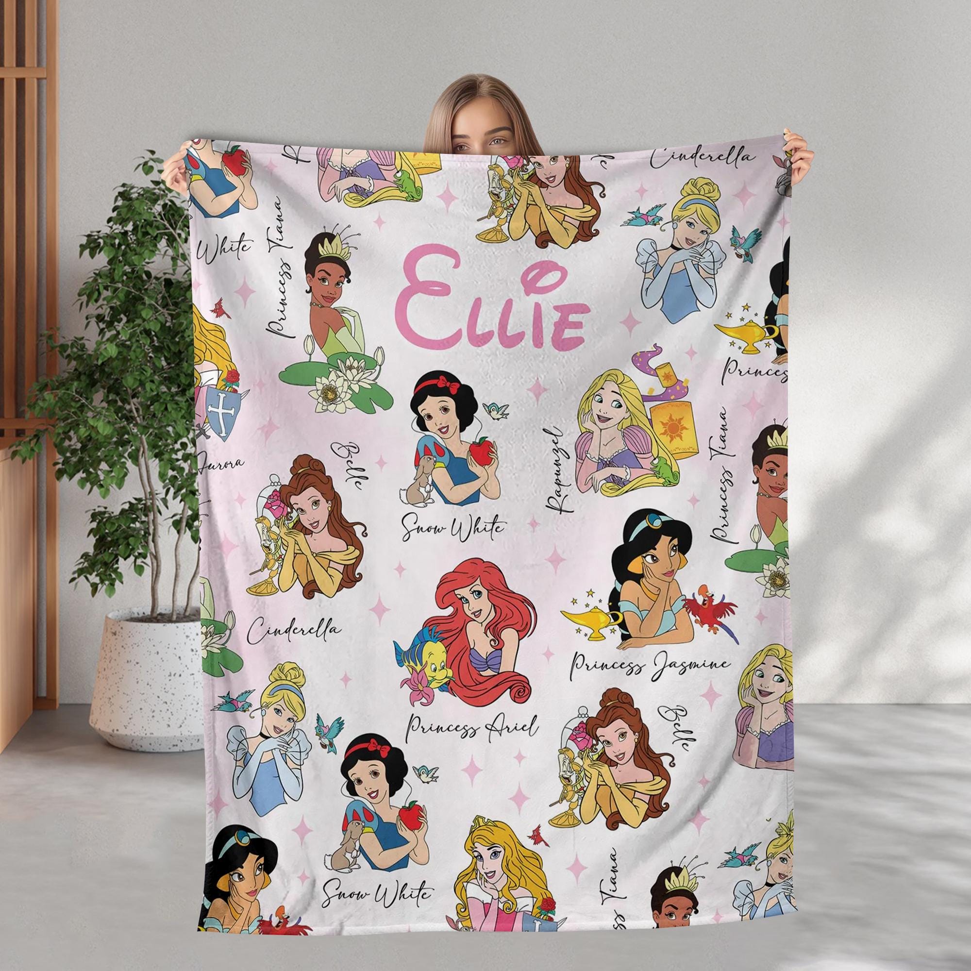 Custom Name Princess Blanket, Princess Blanket Gift for Her, Cinderella Snow White Belle Jasmine Ariel Princess Blanket, Princess Birthday
