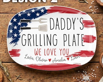 Custom Dad's Grilling 4th Of July Plate, Personalized Serving Platter, Fourth of July Decor, BBQ Lover Gift For Dad, Grill Master Daddy Gift