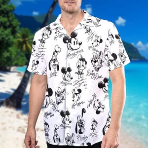Disney Mickey And Friends Signature Hawaiian Shirt, Mickey Mouse Donald Duck Goofy Minnie Daisy Pluto Disneyland Summer Trip Button Shirt