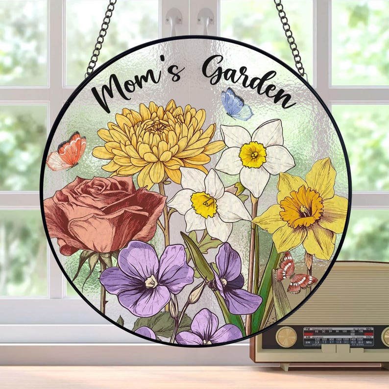 Custom Family Birth Flowers Stained Glass Suncatcher, Personalized Mom's Garden Gift, Birth Month Flower Glass Art Gift, Mother's Day Gift image 3