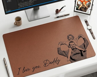Tapis de bureau personnalisé pour dessin au trait avec croquis photo papa, papa personnalisé, nous t'aimons, cadeau de fête des pères pour mari, sous-main avec photo papa, tapis de souris