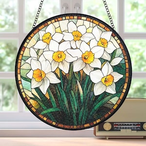 Birth Flower Suncatcher Stained Glass, Birth Month Flower Window Hanging, Narcissus Birth Flower Birthday Gift, Mothers Day Gift For Mom